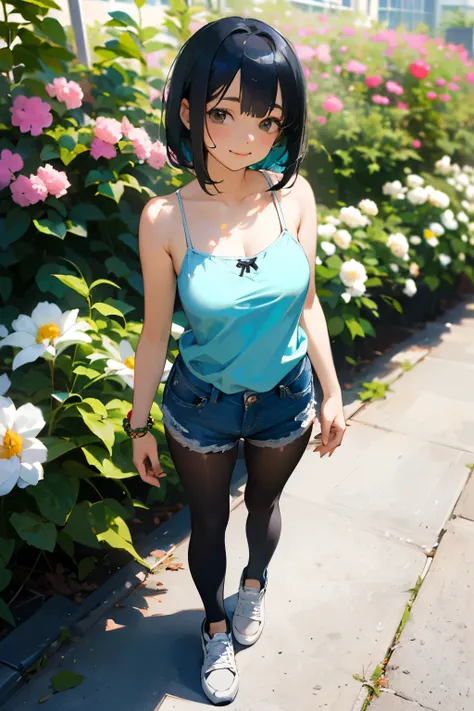 (high quality, High resolution, Very detailed, reality:1.37), Peaceful atmosphere, (Outdoor, garden), Teenage girl standing alone, (my breasts are big.), Beautiful details, Cute Smile, (Black bob hair), camisole, Denim shorts, Black tights, sneakers.