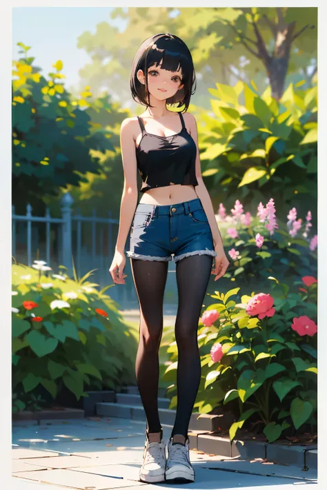 (high quality, High resolution, Very detailed, reality:1.37), Peaceful atmosphere, (Outdoor, garden), Teenage girl standing alone, (my breasts are big.), Beautiful details, Cute Smile, (Black bob hair), camisole, Denim shorts, Black tights, sneakers.