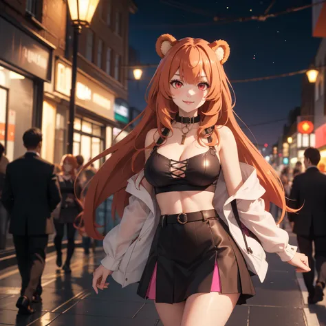 Raphtalia woman 35 years old floating straight orange hair , bear ears redondeadas, red eyes like ruby., flirtatious smile, pale skin, big breasts, modern clothing low cut short black top, short pink skirt, neckline, tops negro , bear ears, , background of...