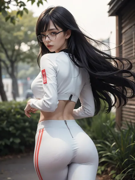 Woman in tight-fitting white tracksuit two-piece suit, dynamic pose, with long black hair with bangs, hands hidden , Back cover for glasses, (intricate details:0.9), (HDR, hyper-detailing:1.2), (natural skin textures, hyper realisitc, soft light, Sharp), P...