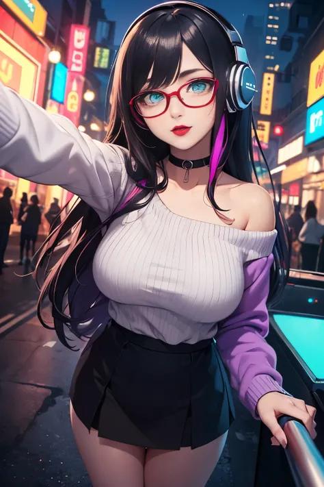 ((best quality)), ((masterpiece)), ((detailed eyes and face)), POV view from above taking a selfie with both arms, perfect face, female, gamer girl, ((aqua eyes)), ((cherry-red lips)), light smile, long black hair, purple streaked hair, purple highlights, ...