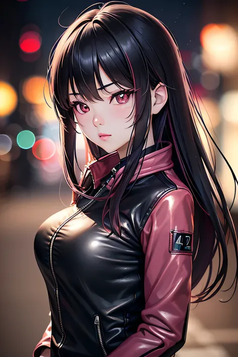 a beautiful 21 year old korean girl, long slightly waved black hair with pink highlights, rosy eyes, serious semblance, small breasts, leather jacket, anime realism style, portrait, (best quality,4k,8k,highres,masterpiece:1.2),ultra-detailed,(realistic,pho...