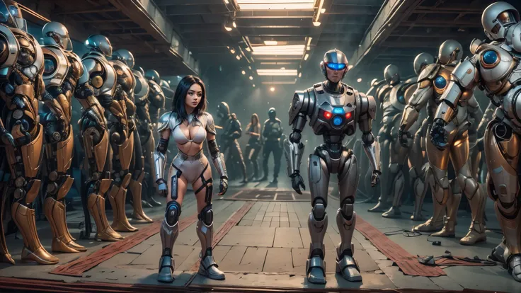 there are two robots that are standing next to each other, machines and futurist robots, death and robots, robot cyborgs, dieselpunk cyborgs, cyber steampunk 8 k 3 d, humanoid robots, still from alita, movie still of aztec cyborg, futuristic robots, from a...