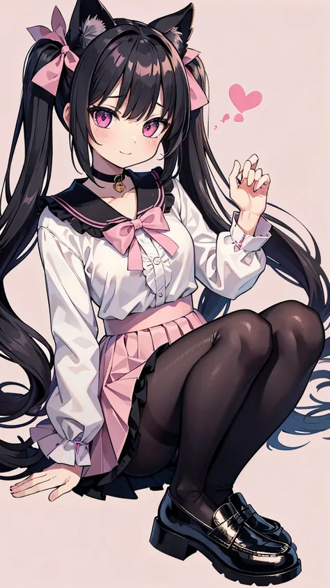 masterpiece, Highest quality, One girl, 一人in, length_hair, Looking_in_Audience, 前hair, skirt, shirt, black_hair, length_sleeve, bow, ribbon, Twin tails, hair_bow, heart, pantyhose, Frills, shoes, choker, dull_前hair, black_skirt, pink_eye, Hello, Frillsの_sk...