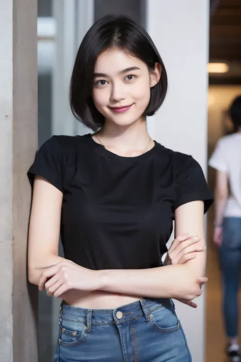 249 (An 18-year-old female and an 18-year-old male), (short hair),kind, lipstick, (Jeans andＴshirt), smile