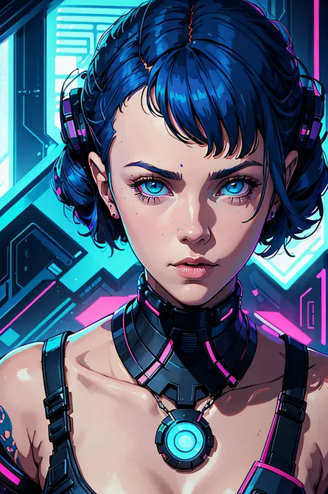 a digital painting of Millie Bobby Brown with blue hair, exposed breasts, cyberpunk art by Josan Gonzalez, behance contest winner, afrofuturism, synthwave, neon, glowing neon