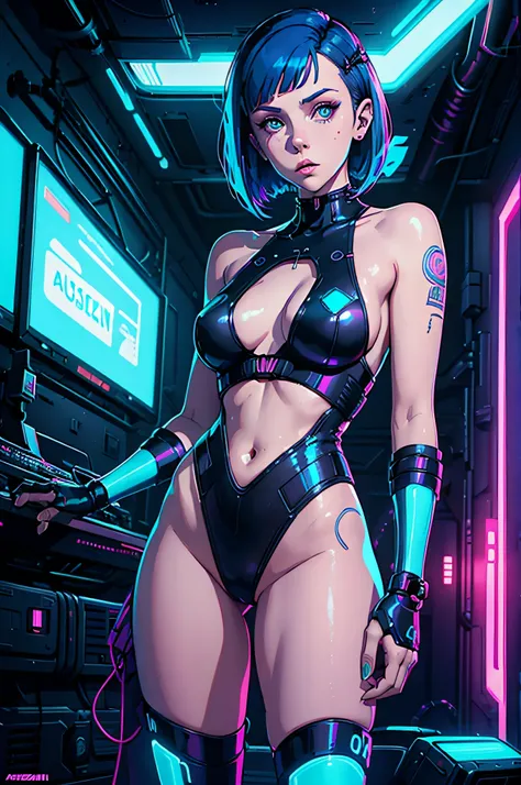 a digital painting of Millie Bobby Brown with blue hair, exposed breasts, cyberpunk art by Josan Gonzalez, behance contest winner, afrofuturism, synthwave, neon, glowing neon