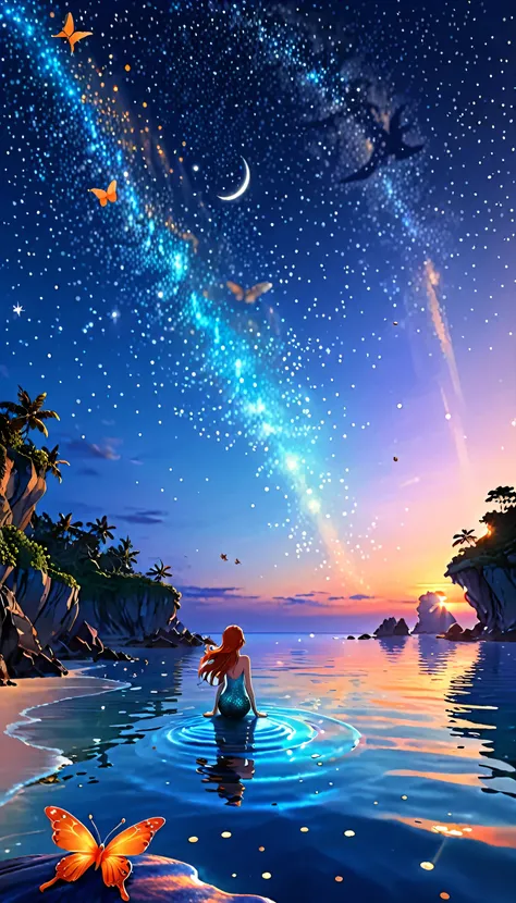 Mermaid Shadow、　Genuineistic、Genuineistic、Genuine、The main event is the sunrise.、Small aircraft、Small butterfly、Starry sky and sunrise、coastline、A fantastic butterfly、The image shows a little mermaid,Anime-style digital painting of a horizon landscape, won...