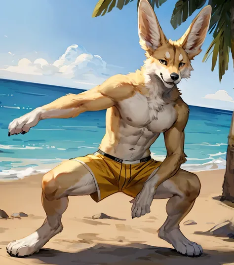 (solo,furry,anthro,realistic), male, breakdancing, front view, muscular body, Fennec, wearing yellow boxer shorts, beach, blurred background, by bebebebebe:1.2, by buta99, by foxovh, by ruan jia