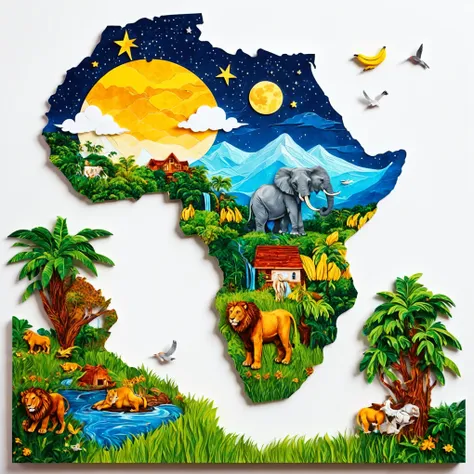 paper cut art (((masterpiece))),best quality, illustration, african map, within african map we see a night sky, cloud, banana pl...