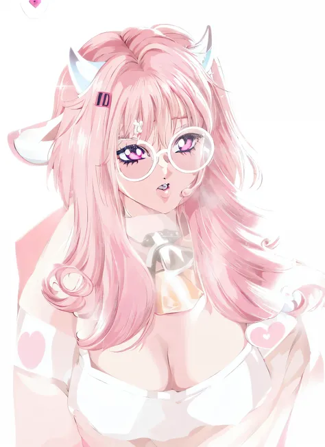 anime girl with pink hair and white glasses posing for a picture, imvu, pink girl, pink skin, kawaii aesthetic, kawaii, e-girl, pink cow ears with pink bows, white fuzzy jacket with pink spots, pink heart eyes, pink choker with cowbell, cheek piercings, hi...