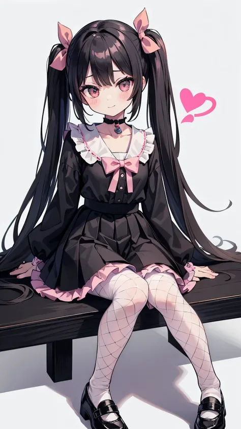 masterpiece, Highest quality, One girl, 一人in, length_hair, Looking_in_Audience, 前hair, skirt, pinkshirt, black_hair, length_sleeve, bow, ribbon, Twin tails, hair_bow, heart, pantyhose, Frills, shoes, choker, dull_前hair, black_skirt, black_eye, blackいFrills...