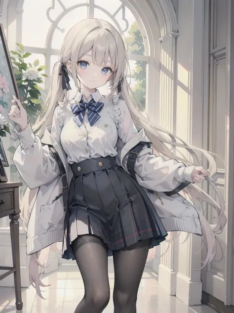 A lavish, photorealistic illustration of Soro, a charming 19th-century maiden, exudes elegance in a masterfully crafted scene. Framed by a ornate, gilded archway, she stands poised, her twintails adorned with sparkling bows, her cardigan vest and short-sle...