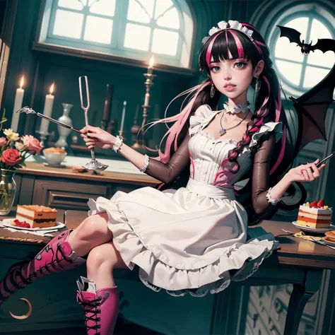 1 girl, a girl with bat wings, holding a pastry brush, succubus, bakery, a cake on focus, cake with strawberrys and red roses, b...