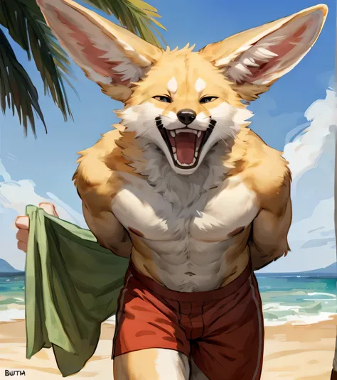 (solo,furry,anthro,hyper realistic), male, floating, wide open mouth, laughing, arms behind back, front view, muscular body, realistic fur, Fennec, wearing yellow boxer shorts, beach, blurred background, by bebebebebe:1.2, by buta99, by foxovh, by ruan jia