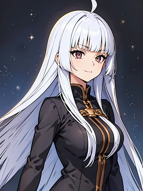 upper body, 1woman, Silver hair, Long Haired, Hime-style Hair, Ahoge, Silver eyes, (Trader), Black Long Cape, Black garb, big breats, wallpaper, Chain background, light particles, (masterpiece), best quality, closed-mouth, serious smile 