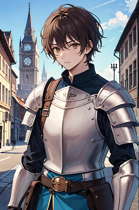 man, adventurer, knight, armor, brown hair, brown eyes, blue and black clothing, manly, alone, medieval city background
