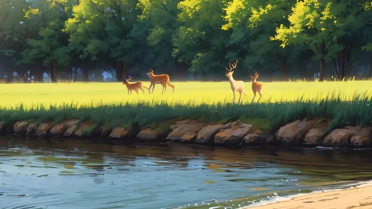 A picture of the deer walking by the river