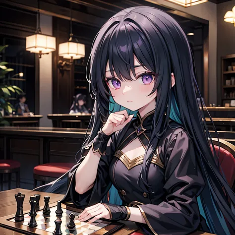 DARK GREEN HAIR LONG HAIR ASIAN ANIME GIRL PLAYING CHESS WITH DARK PURPLE SILK GOTHIC UNIFORM, EYELINER, PURPLE GLOWING EYES, BY FATE SERIES, BY UFOTABLE, 8K, COFFEE SHOP BACKGROUND