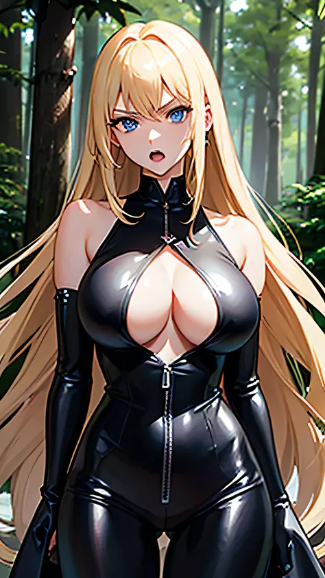 a busty long hair blonde woman blue eyes with a serious haughty face expression, open mouth, black leather jumpsuit, forest background, facing the camera, Big breast++, face camera, serious haughty face