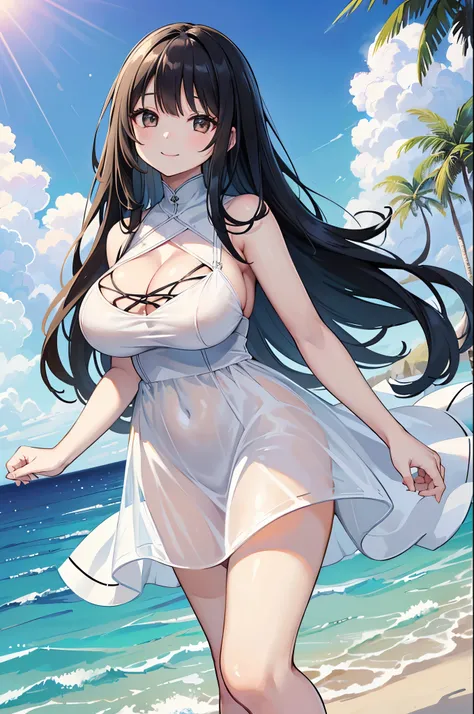 masterpiece:1.2, Highest quality), (One woman with long black hair), ((smile))、((Sandy Beach))、((Large Breasts, Large Breastsの谷間)),(((White dress)))、Healthy thighs、((A dress that becomes transparent in sunlight))