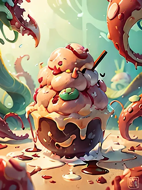 When they found that the ice cream melted into liquid，Choctopus exclaimed in shock：“My ice cream！All the tentacles dropped to the ground.。