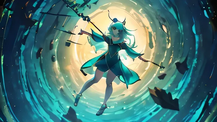 high quality，Summer Night，forest，Elf Girl，Open your arms，teal hue，Looking down from above
