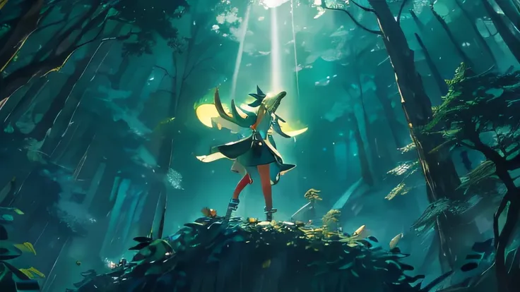 high quality，Summer Night，forest，Elf Girl，Open your arms，teal hue，Looking down from above
