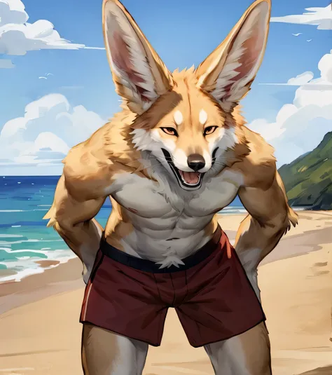 (solo,furry,anthro,hyper realistic), male, standing, wide open mouth, laughing, bending down, arms behind back, front view, muscular body, realistic fur, Fennec, wearing (dark red) boxer shorts, beach, blurred background, by bebebebebe:1.2, by buta99, by f...