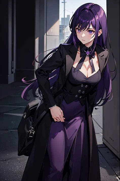 1man, dark purple hair, dark purple eyes, black suit, standing on ground, high res, ultra sharp, 8K, masterpiece