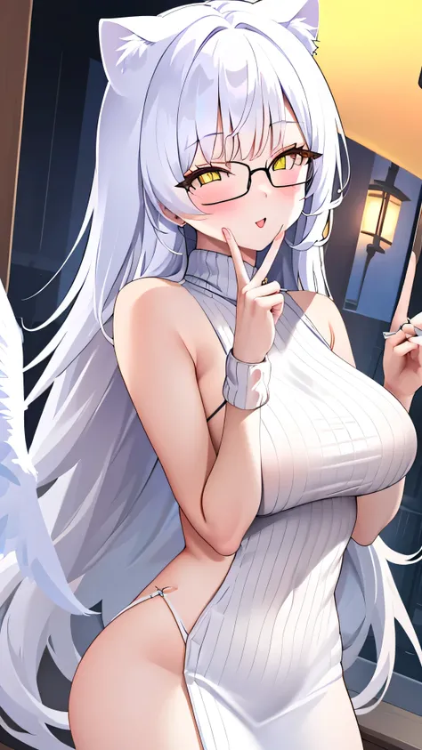 An 18 year old female angel with long, white hair, yellow eyes, white cat ears, and large white angel wings. yellow halo ring round white glasses (White halter turtleneck sweater, purekiller sweater, sleeveless, sexy backless sweater) white arm warmers fin...