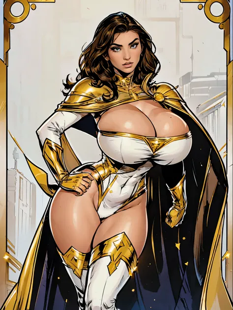 Gorgeous and sultry busty athletic (thin) brunette with sharp facial features and a (large nose) and (huge boobs) wearing a white and gold superhero leotard, cape, gloves, thigh-high boots