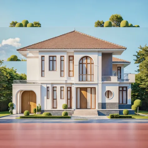 PLATEFORME KTHOUSE, Beaucoup de belles fleurs rouges le long de la route:1.3, romantique, 1 maison de style néoclassique, La maison de ville est faite de murs blancs, belle lumière, journée de beauté, ensoleillé, Beaucoup de bougainvilliers rouges le long ...