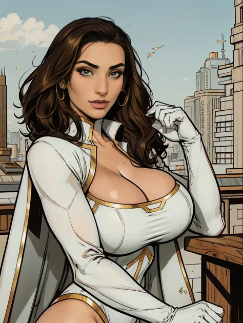 Gorgeous and sultry busty athletic (thin) brunette with sharp facial features and a (large nose) and (huge boobs) wearing a white and gold superhero leotard, cape, gloves, thigh-high boots. City skyline, rooftops.