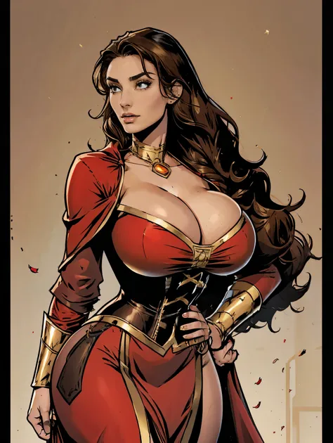 Gorgeous and sultry busty athletic (thin) brunette with sharp facial features and (huge boobs) wearing a red dress, corset, gold trim, sorceress attire