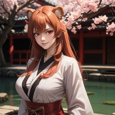 woman 30 years old, orange hair , red eyes like rubies, sharp eyes, cocky smile, smug expression,, bear ears, big breasts,  japa...