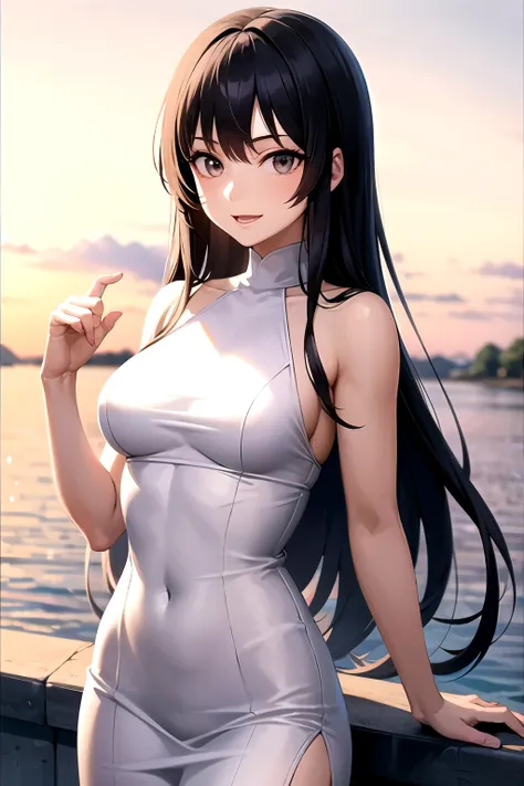 anime girl with white long hair and gray eyes she is 27 years old she is kind she is happy she is smart she has white long dress 