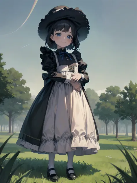 A serene outdoor scene unfolds at dusk, with a brilliant blue sky transitioning into a canvas of twinkling stars. A beautiful young girl, dressed in a stunning white and black gothic maid dress adorned with a navy blue ribbon, stands amidst lush green gras...