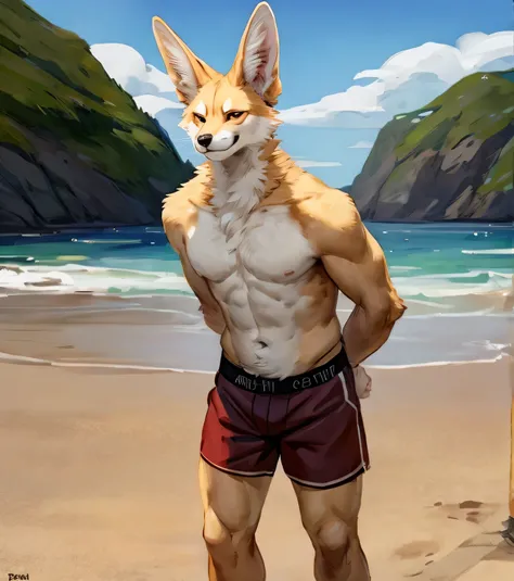 (solo,furry,anthro,hyper realistic), male, standing, smirk, smug, bending down, arms behind back, wearing ((dark red)) boxer shorts, front view, muscular body, realistic fur, full body shot, Fennec, beach, blurred background, by bebebebebe:1.2, by buta99, ...