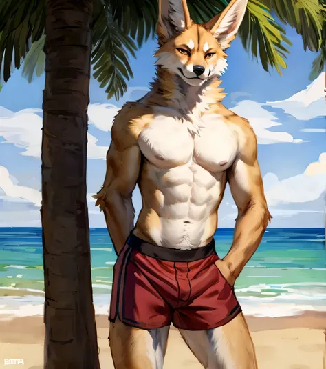 (solo,furry,anthro,hyper realistic), male, standing, smirk, smug, bending down, arms behind back, wearing ((dark red)) boxer shorts, front view, muscular body, realistic fur, full body shot, Fennec, beach, blurred background, by bebebebebe:1.2, by buta99, ...