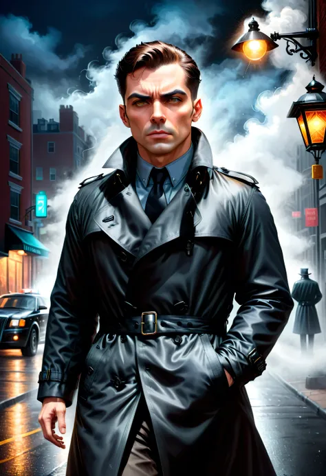 Illustration of a detective, Wearing a fashionable black trench coat, Confident Tension and thrill show in facial expressions BREAK Crime-solving, City streets, Street lights, parked cars thin mist, Tyndall effect　BREAK Mysterious,  Low angle, dramatic lig...