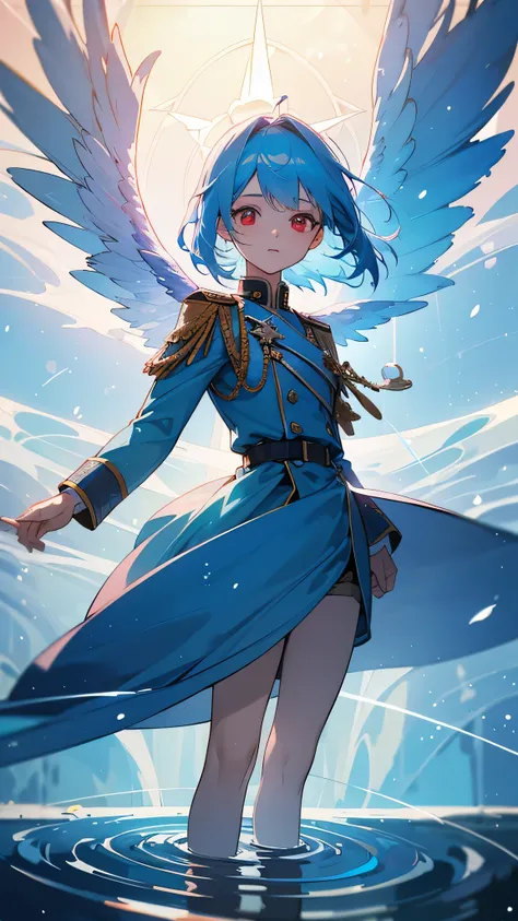 a beautiful young girl with blue angelic wings spread out like stained glass, light blue hair,piercing red eyes, translucent hair color, military-style uniform, standing on water with ripples spreading out, shimmering light particles, rays of light, soft b...