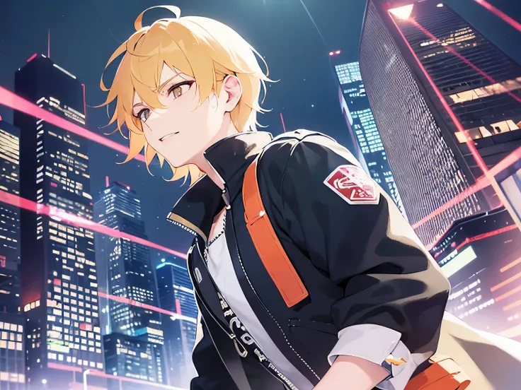 masterpiece,Highest quality,BREAK(25-year-old male:1.5)and(Blonde short hair)and(Orange eyes)BREAK,(Reach out:1.3),leaning forward,The background is a midnight park,(alone:1.5),side angle,(looking away:1.5),open mouth,evil smile