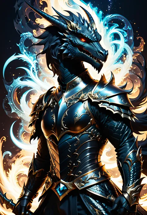 in style of Thierry Mugler，character concept design, half body，Black Dragon Knight，Reflective Black Dragon Scale，rococo style，galaxy，Fractal，Halo，angry,Dynamic Action