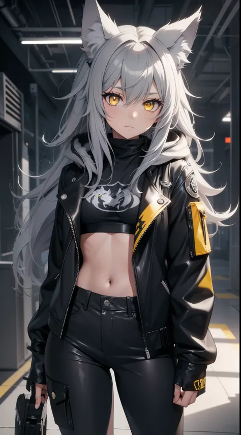 young girl, Long gray wild hair, wolf ears, yellow eyes, punk, blue leather jacket, black school pants, glowing eyes, small breasts, facing front, Masterpiece, hiquality