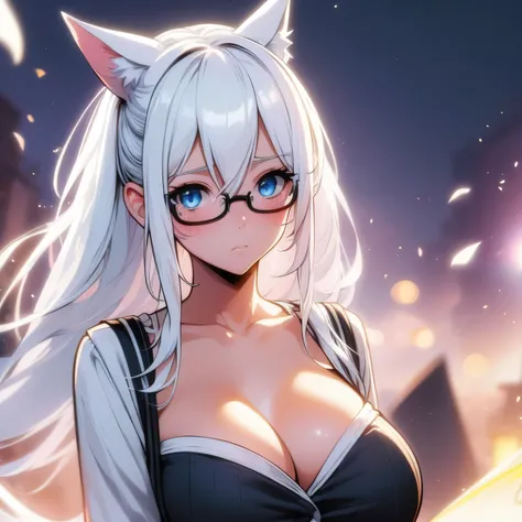 adult anime girl, white hair, black ribbons, blushing, blue eyes, white cat ears, 8k, high res, 1 girl, good lighting, fine detail, glasses, (masterpiece), perfect face, best quality, looking at view, full body, thick, cleavage
