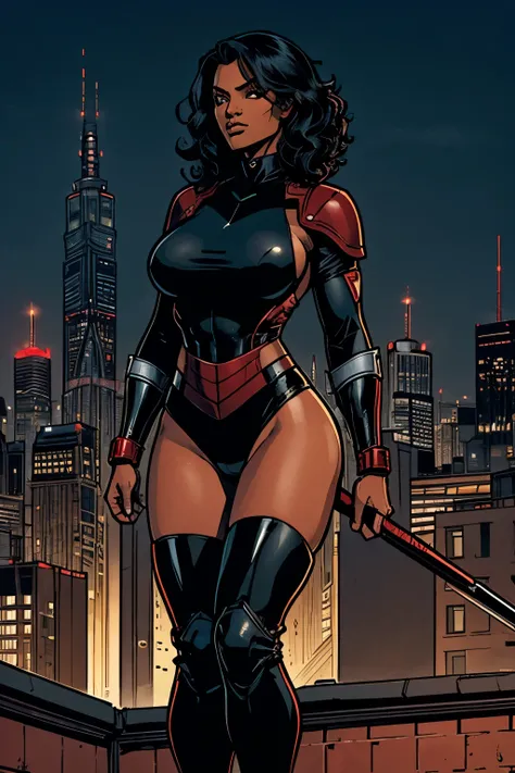 Cardinal, a gorgeous woman with (dark skin) wearing a modest black and red bodysuit, long sleeves, leggings.  Athletic, huge breasts, wide hips. Short curly black hair, batons. bracers, shin guards.  Confident. City skyline, rooftops.