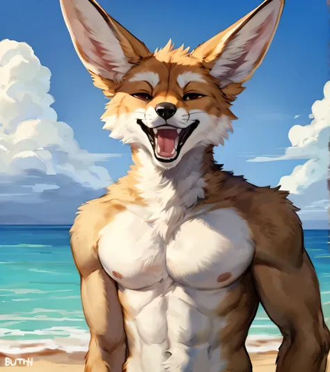 (solo,furry,anthro,hyper realistic), male, standing, smirk, smug, wide open mouth, laughing, closed eyes, head up, arms behind back, wearing ((dark red)) boxer shorts, front view, muscular body, realistic fur, full body shot, Fennec, beach, blurred backgro...