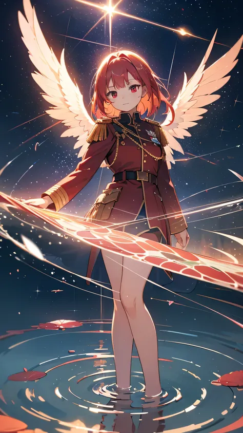 a beautiful young girl with blue angelic wings spread out like stained glass, light red hair,piercing red eyes, translucent hair color, military-style uniform, standing on water with ripples spreading out, shimmering light particles, rays of light, soft bo...