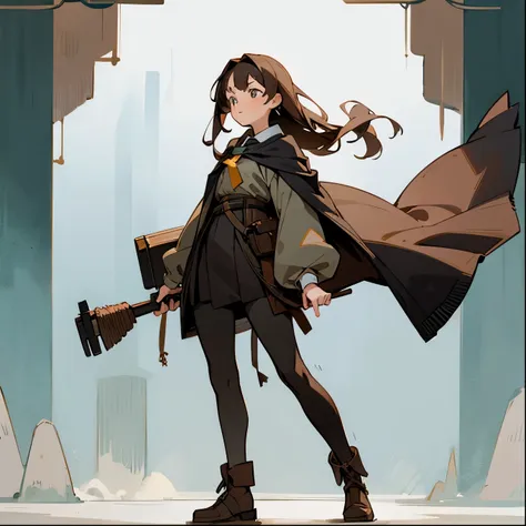 full body,stand,young woman,black-brown hair,tie your hair,high,brave,bow,hunter,green coathood, middle ages